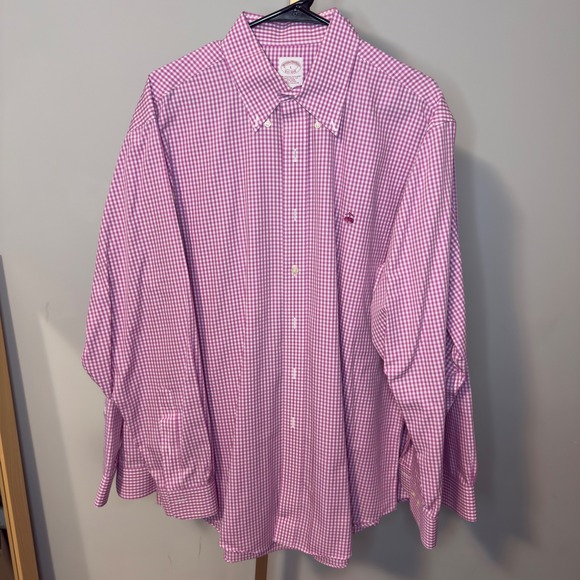 Brooks Brothers Other - Brooks Brothers Non-Iron Gingham Shirt Mens L Fuchsia White Traditional Fit Polo